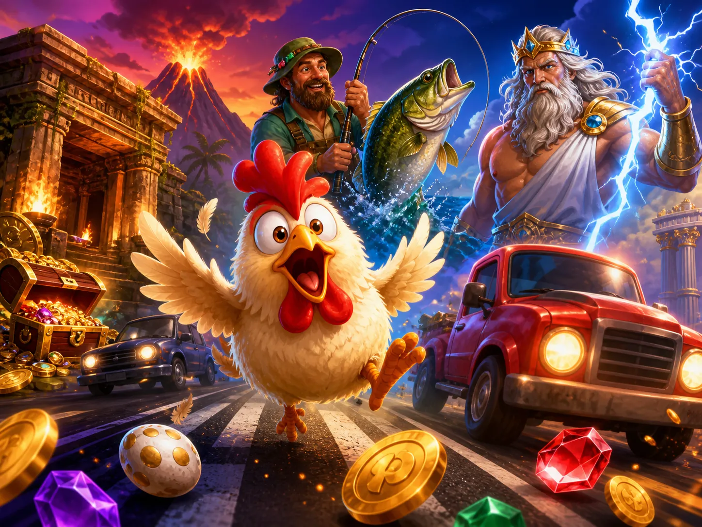 Illustration of a cartoon chicken character on a road with traffic lanes and scattered feathers, symbolizing the Chicken Road